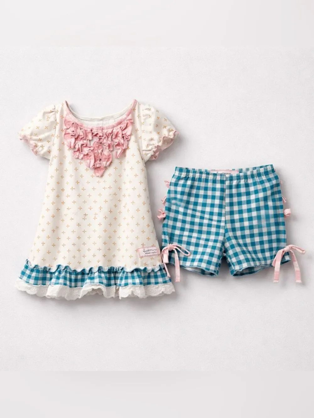 SweetHoney white floral print dress pink ruffled neckline a blue gingham hem set